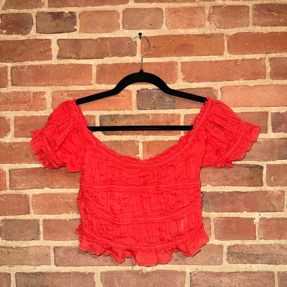 Red Off-Shoulder Smocked Crop Top Free People‎